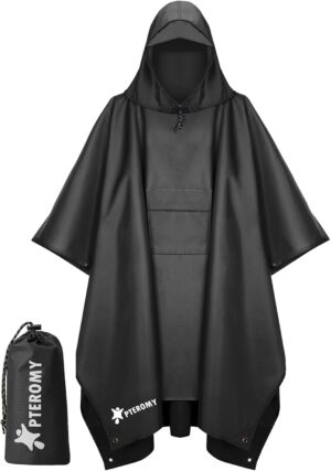 PTEROMY Hooded Rain Poncho for Adults, Reusable Waterproof Raincoat